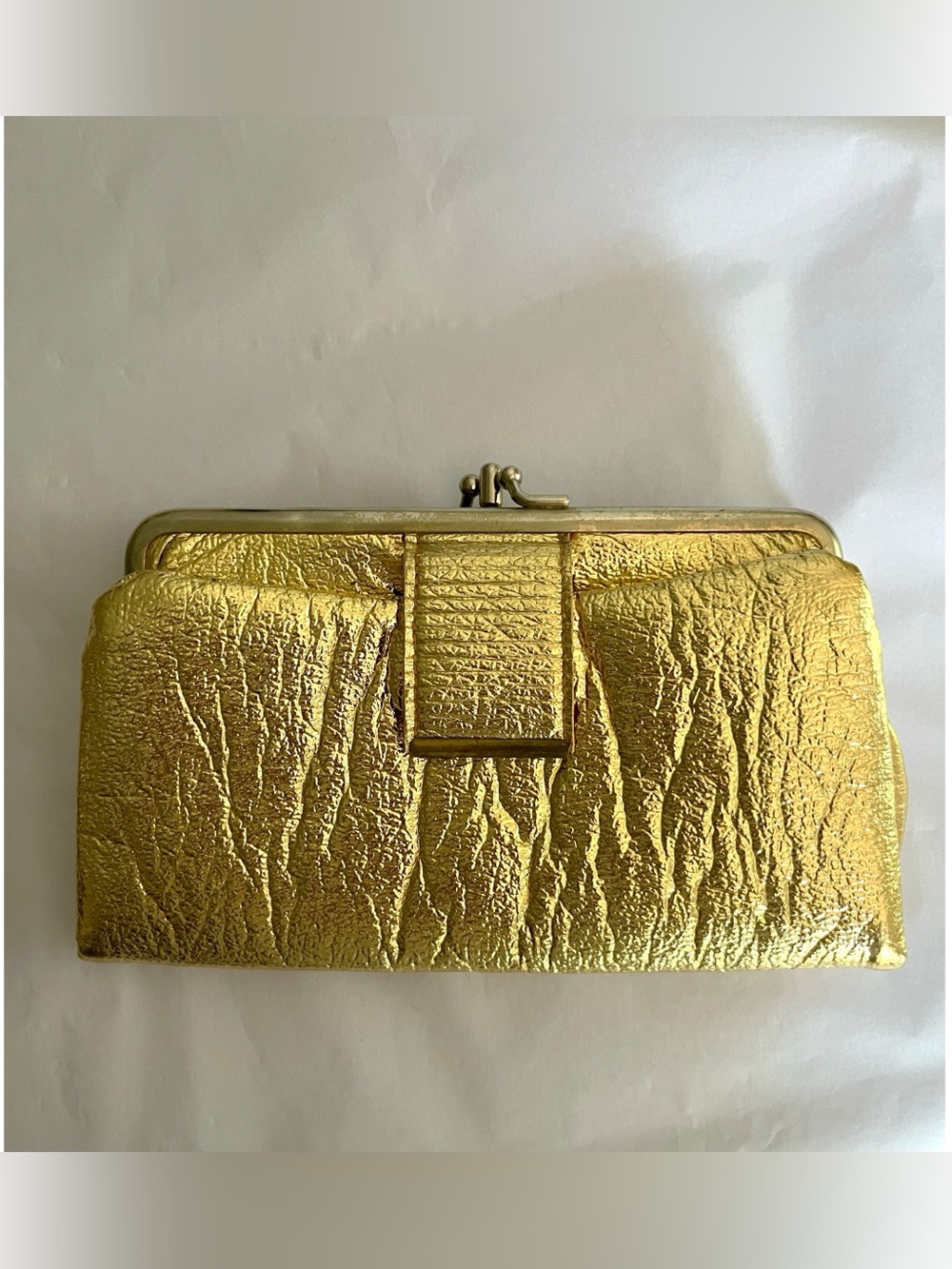Vintage Gold Metallic Leather Double kiss lock Frame Clutch Wallet